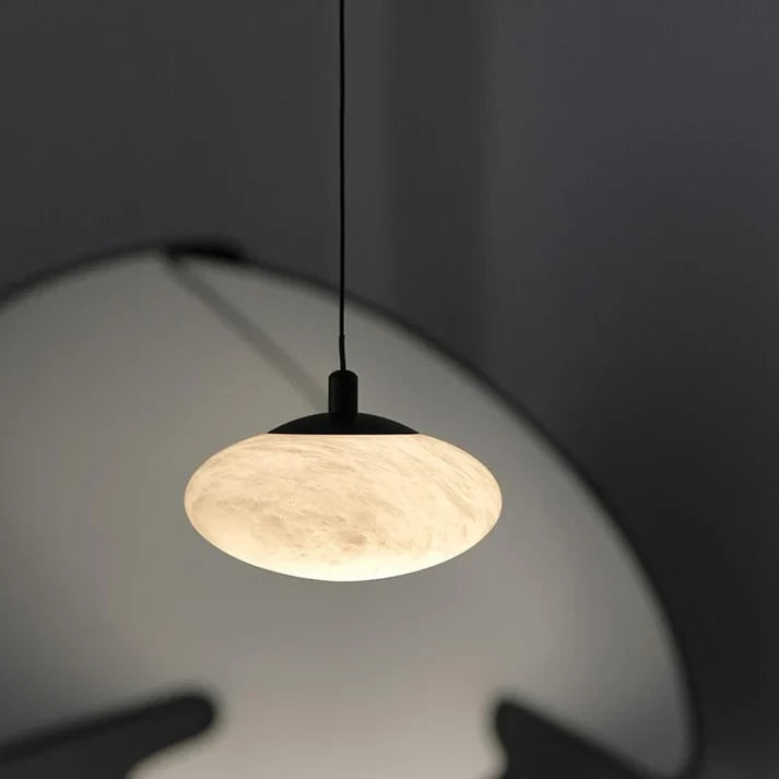 Illuminated Modern Flat Round Alabaster Pendant Light Studio Shot