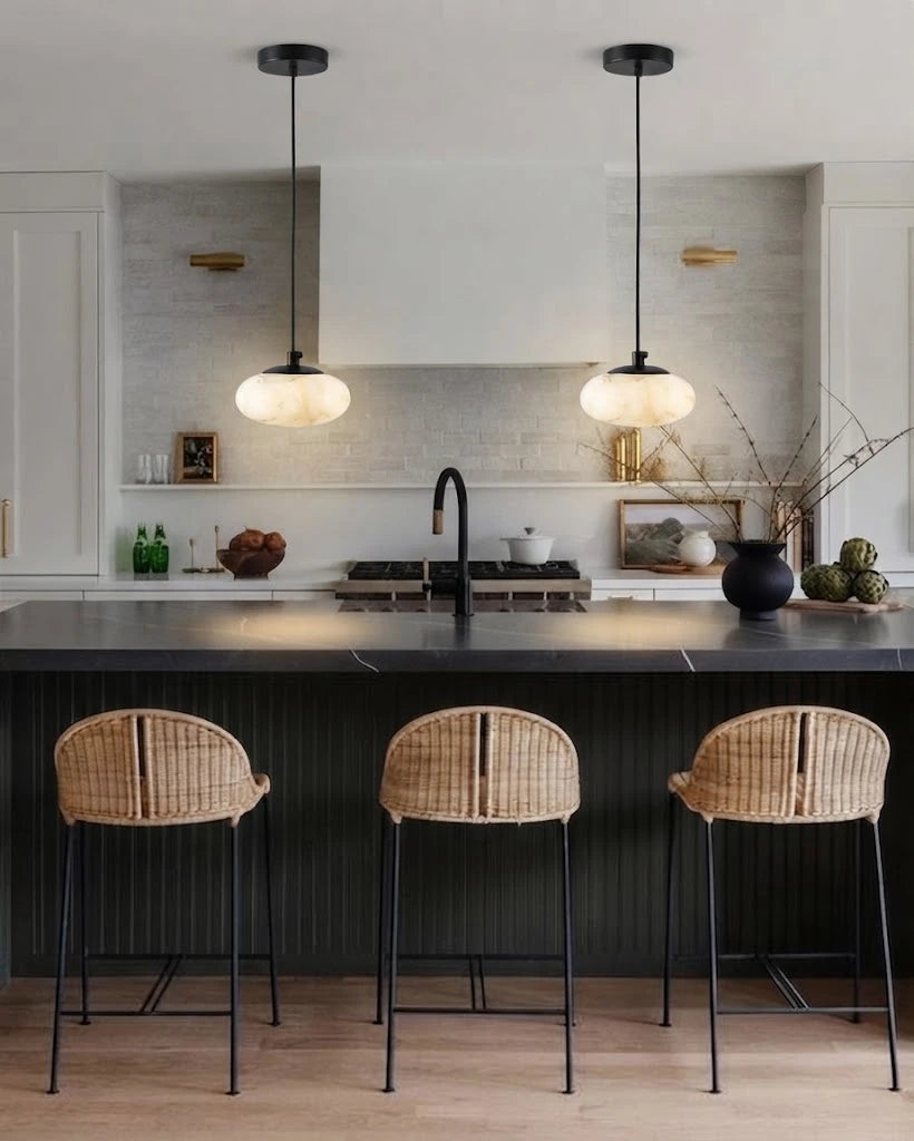 Modern Alabaster Pendant Lights Over Kitchen Countertop