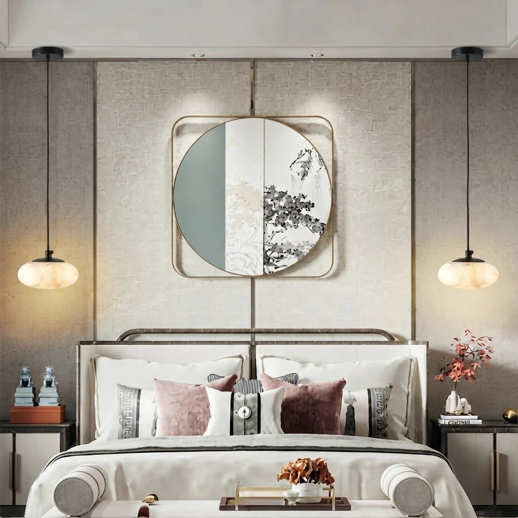 Modern Flat Round Alabaster Pendant Lights in Luxury Master Bedroom