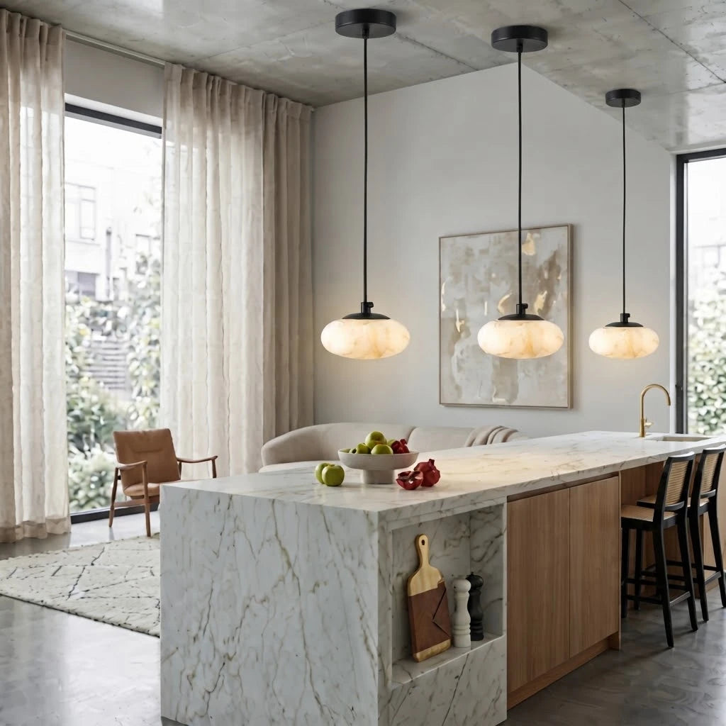 Modern Flat Round Alabaster Pendant Lights Over Kitchen Island Area