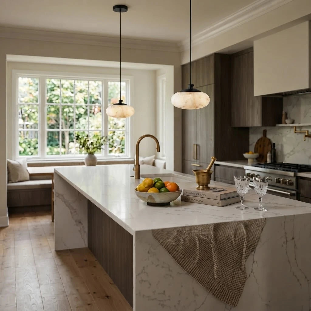 Modern Flat Round Alabaster Pendant Lights Over Kitchen Island