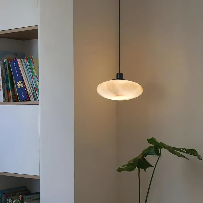 Modern Flat Round Alabaster Pendant Light in Hallway Corner