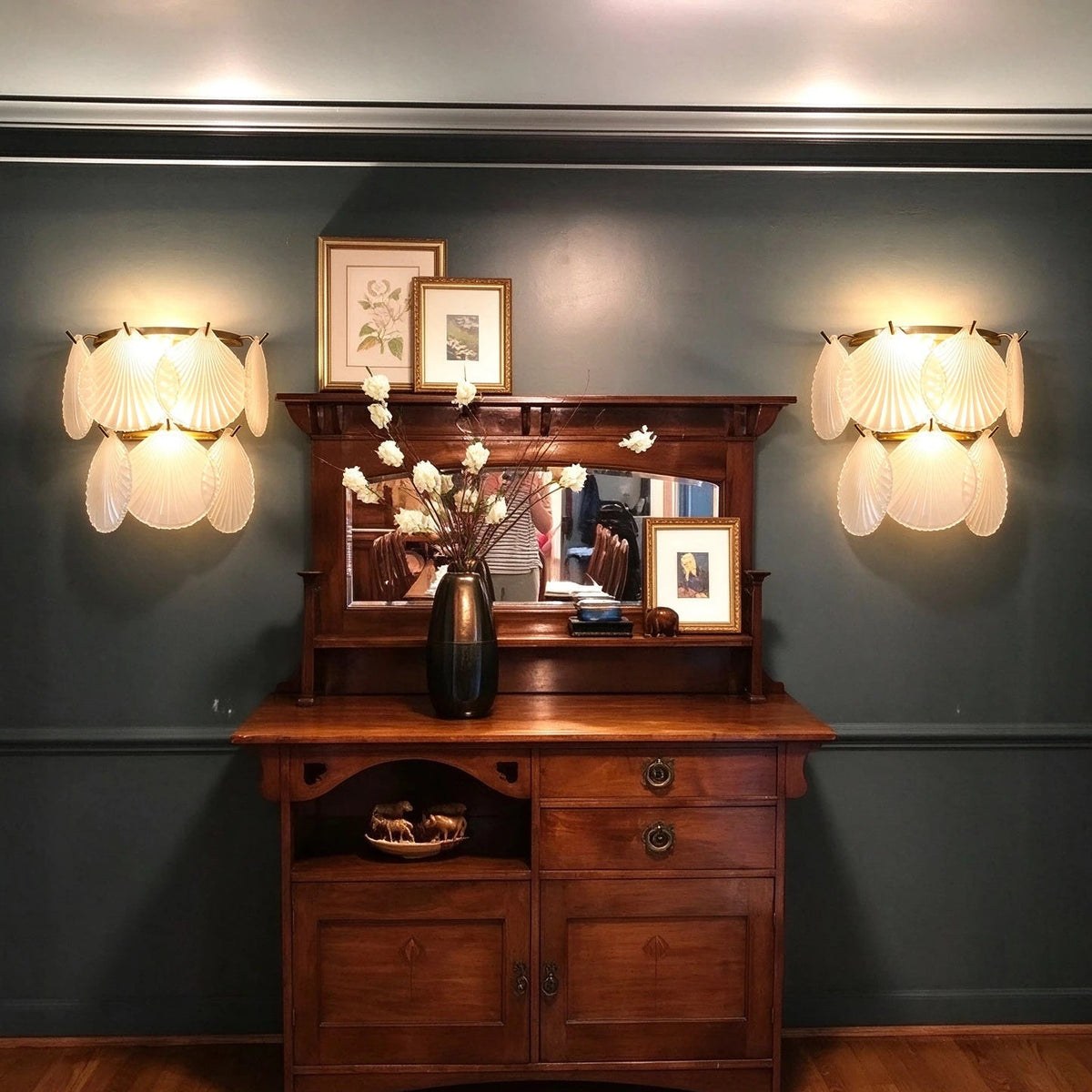 Modern Brass Shell Art Glass Wall Sconce in Vintage Living Room