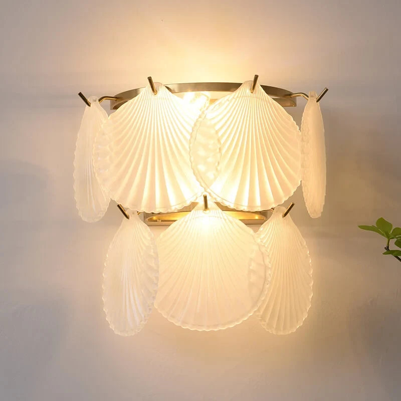 Illuminated Modern Brass Shell Art Glass Wall Sconce Studio Shot