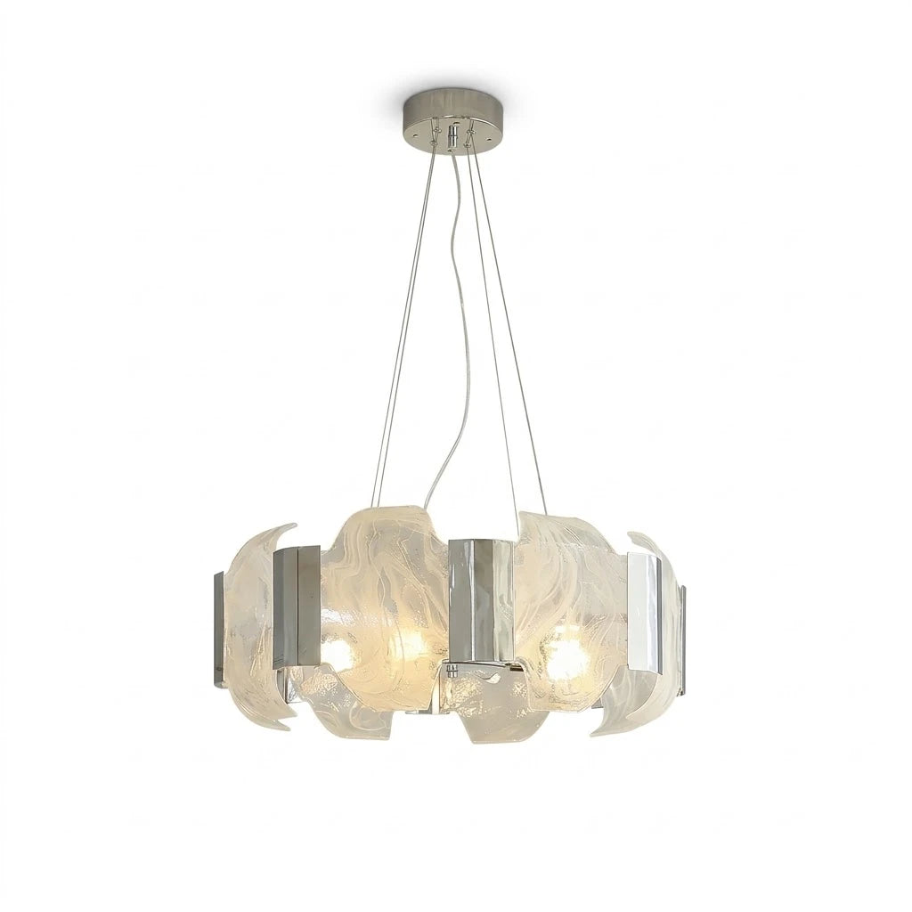 Modern Silver Banded Alabaster Art Glass Chandelier with Silver Canopy on Pure White Background