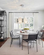 Modern Silver Banded Alabaster Chandelier Over Dining Table