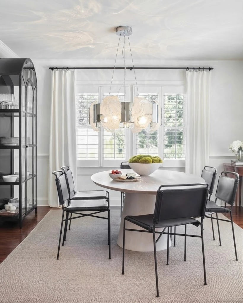 Modern Silver Banded Alabaster Chandelier Over Dining Table