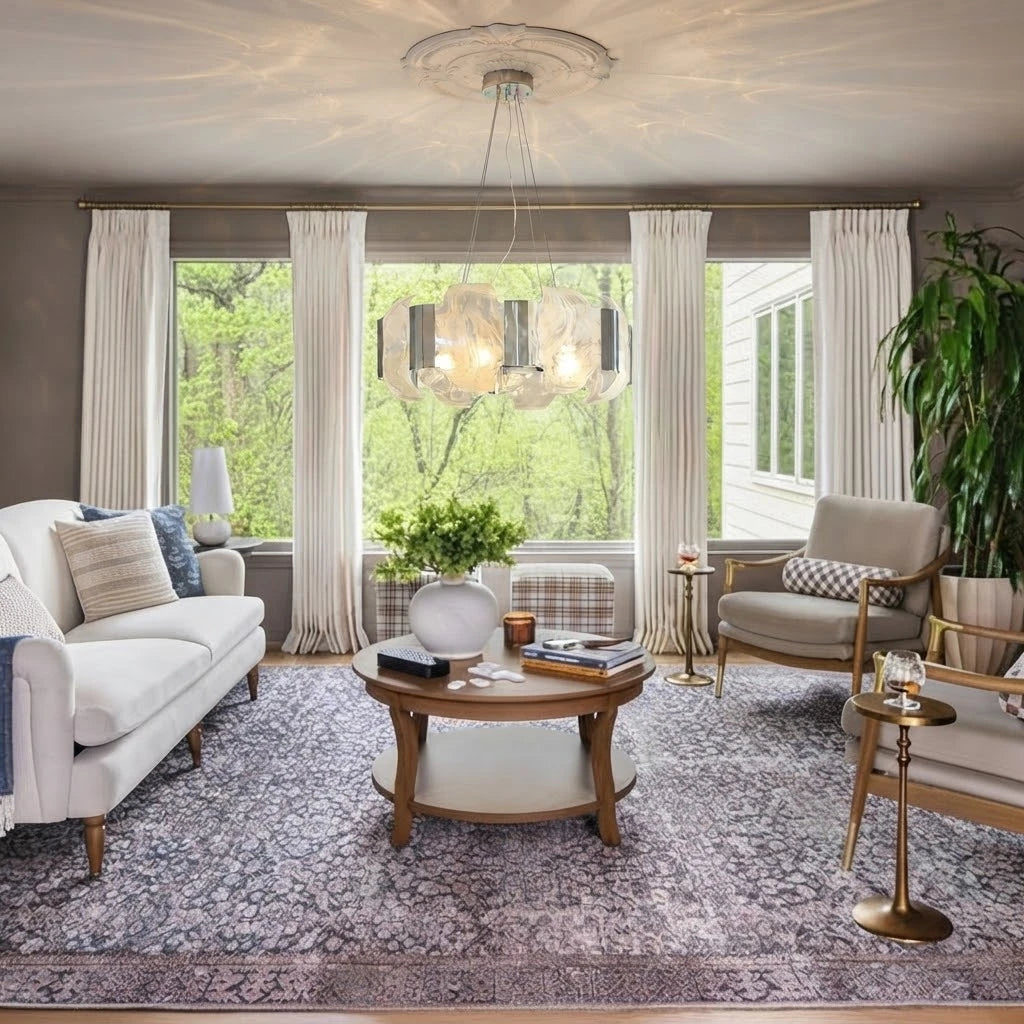 Modern Alabaster Art Glass Chandelier in Living Room Setting