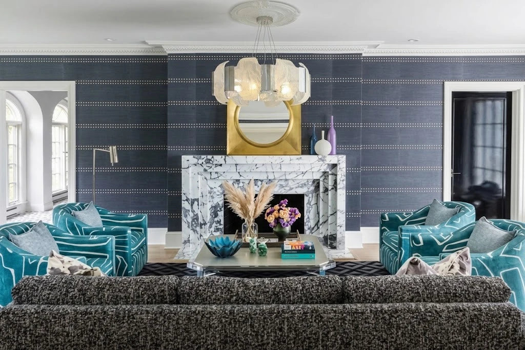 Modern Silver Banded Alabaster Art Glass Chandelier in Luxury Living Room
