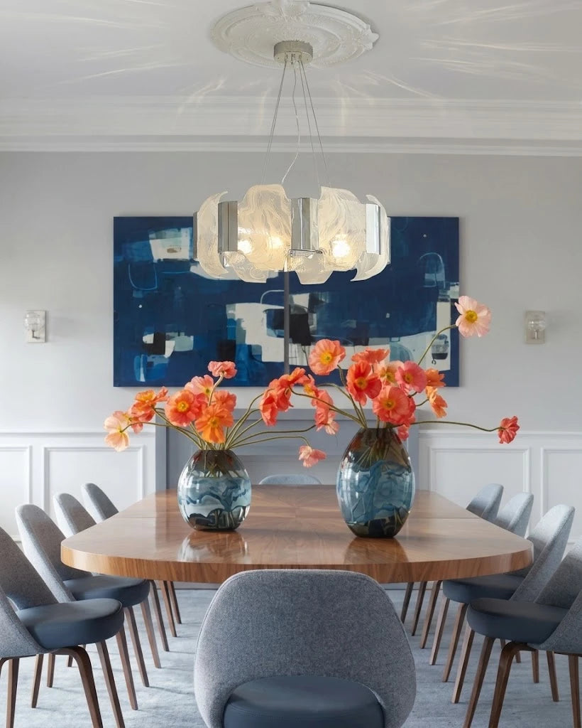 Modern Alabaster Art Glass Chandelier Over Long Dining Table