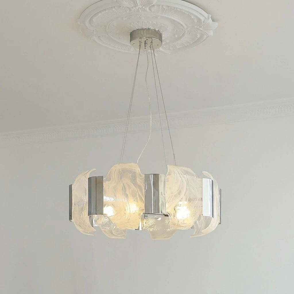 Illuminated Modern Silver Banded Alabaster Art Glass Chandelier Studio Shot