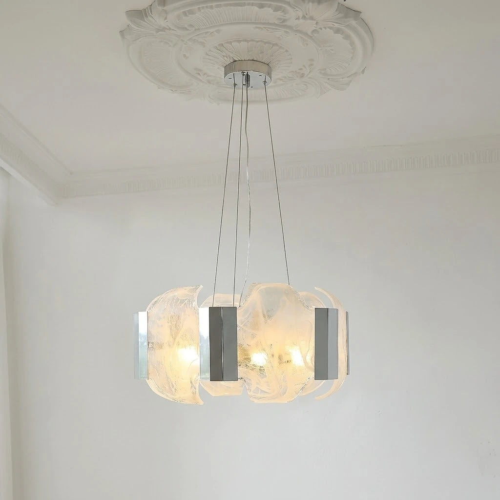Studio View of Modern Silver Banded Alabaster Art Glass Chandelier
