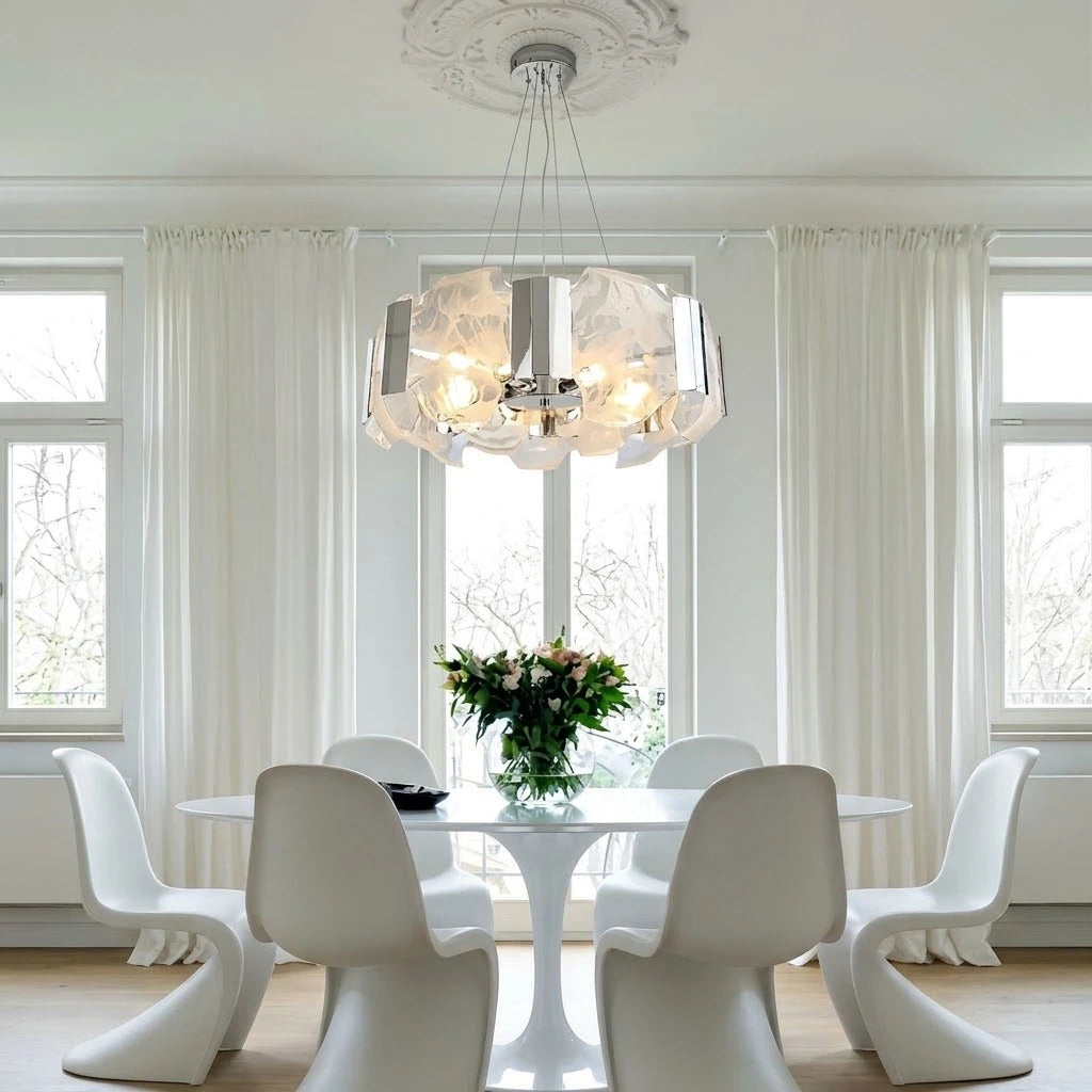 Modern Silver Banded Alabaster Art Glass Chandelier Over Round Dining Table