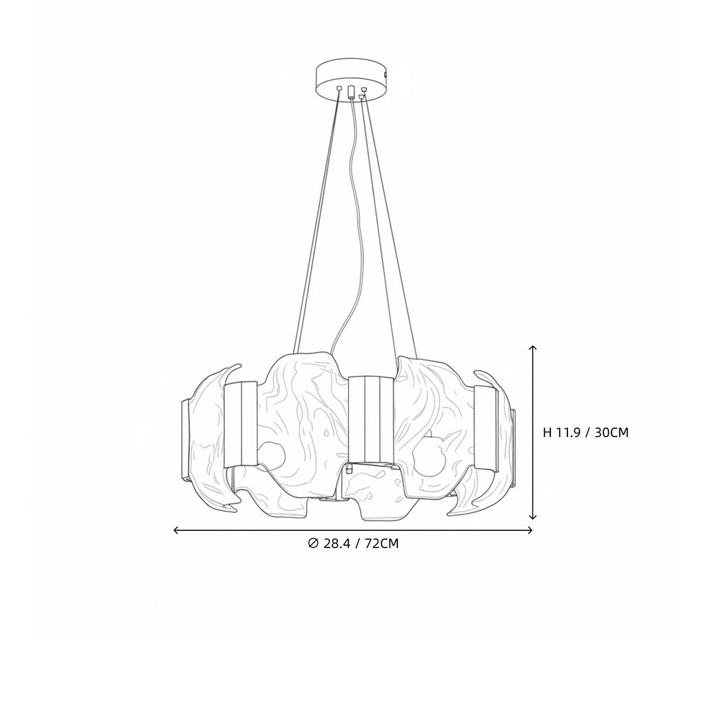 Modern Single-Tier Silver Banded Alabaster Chandelier Line Art Dimension Diagram
