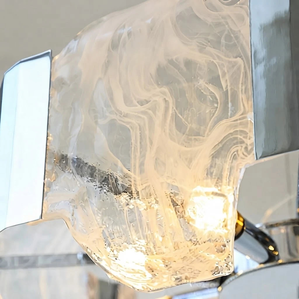 Close Up View of Alabaster Glass Panels and Chandelier Light Fixtures