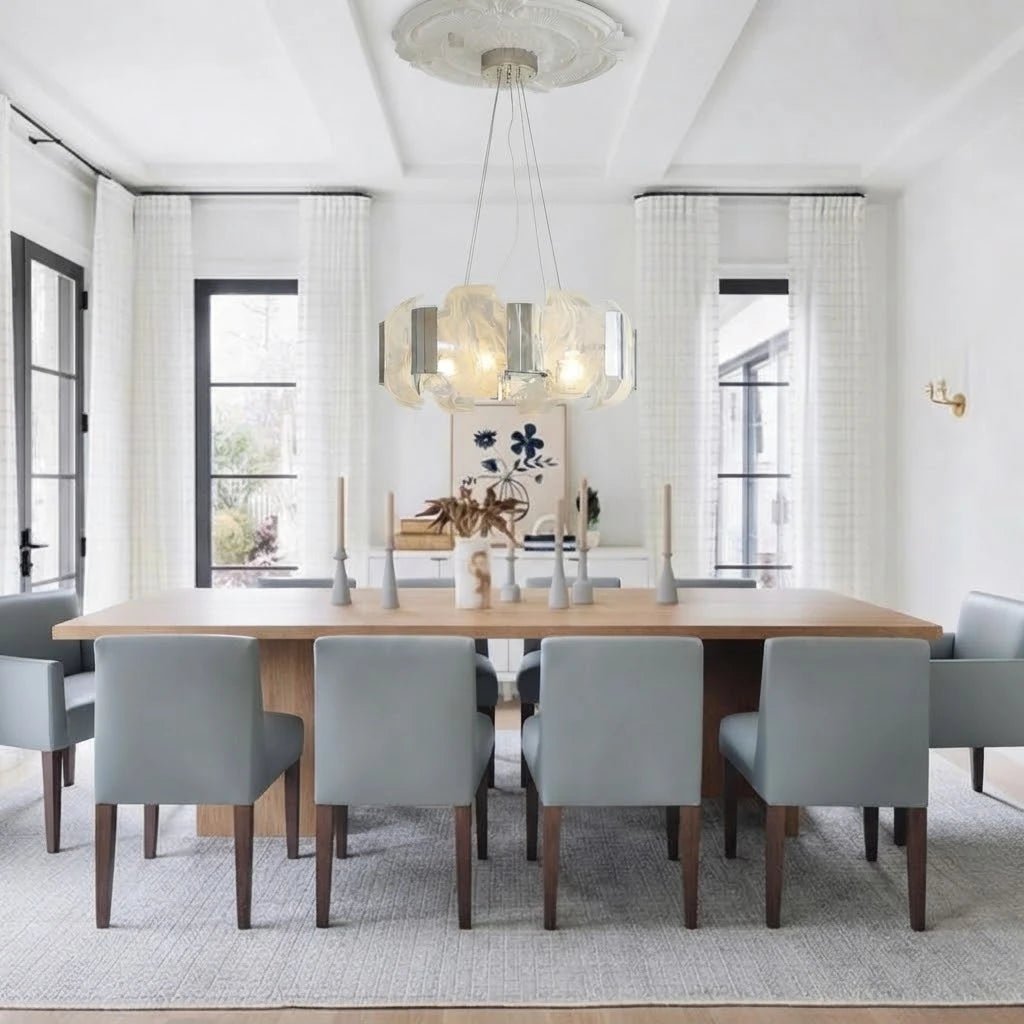 Modern Silver Banded Alabaster Chandelier Over Dining Room Table