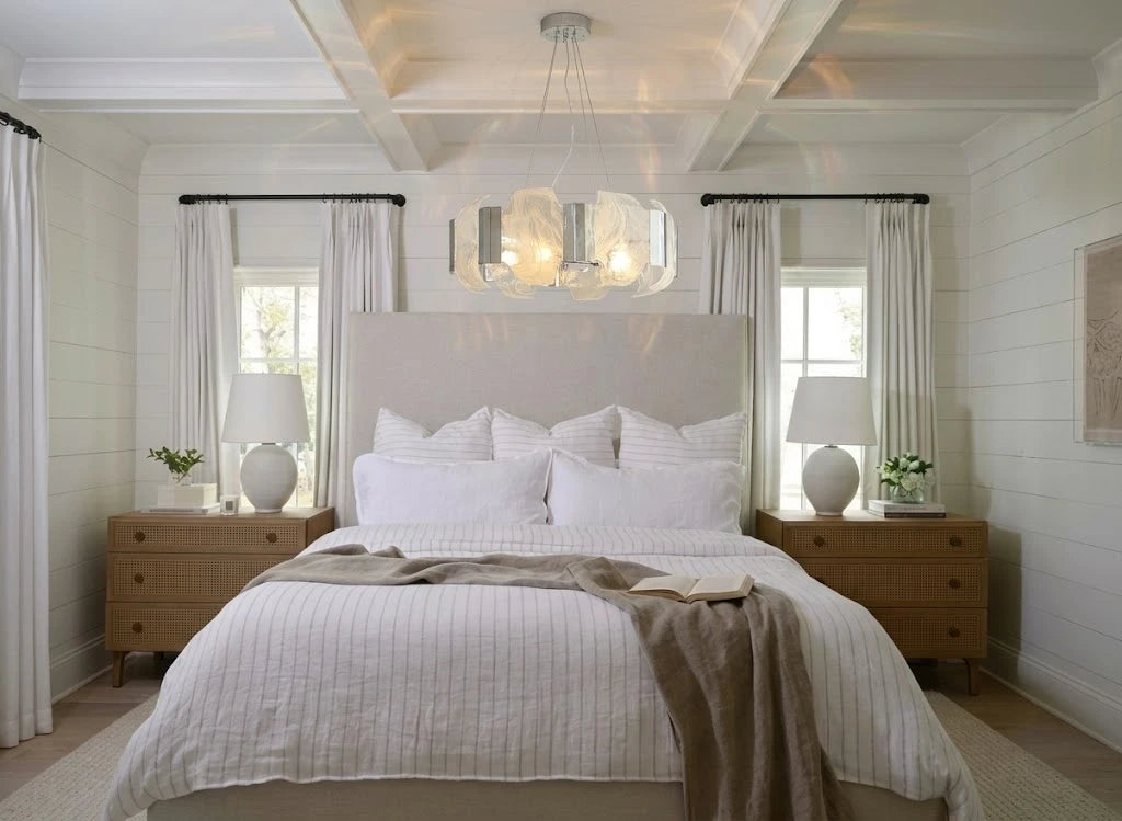 Modern Silver Banded Alabaster Art Glass Chandelier in Master Bedroom Setting