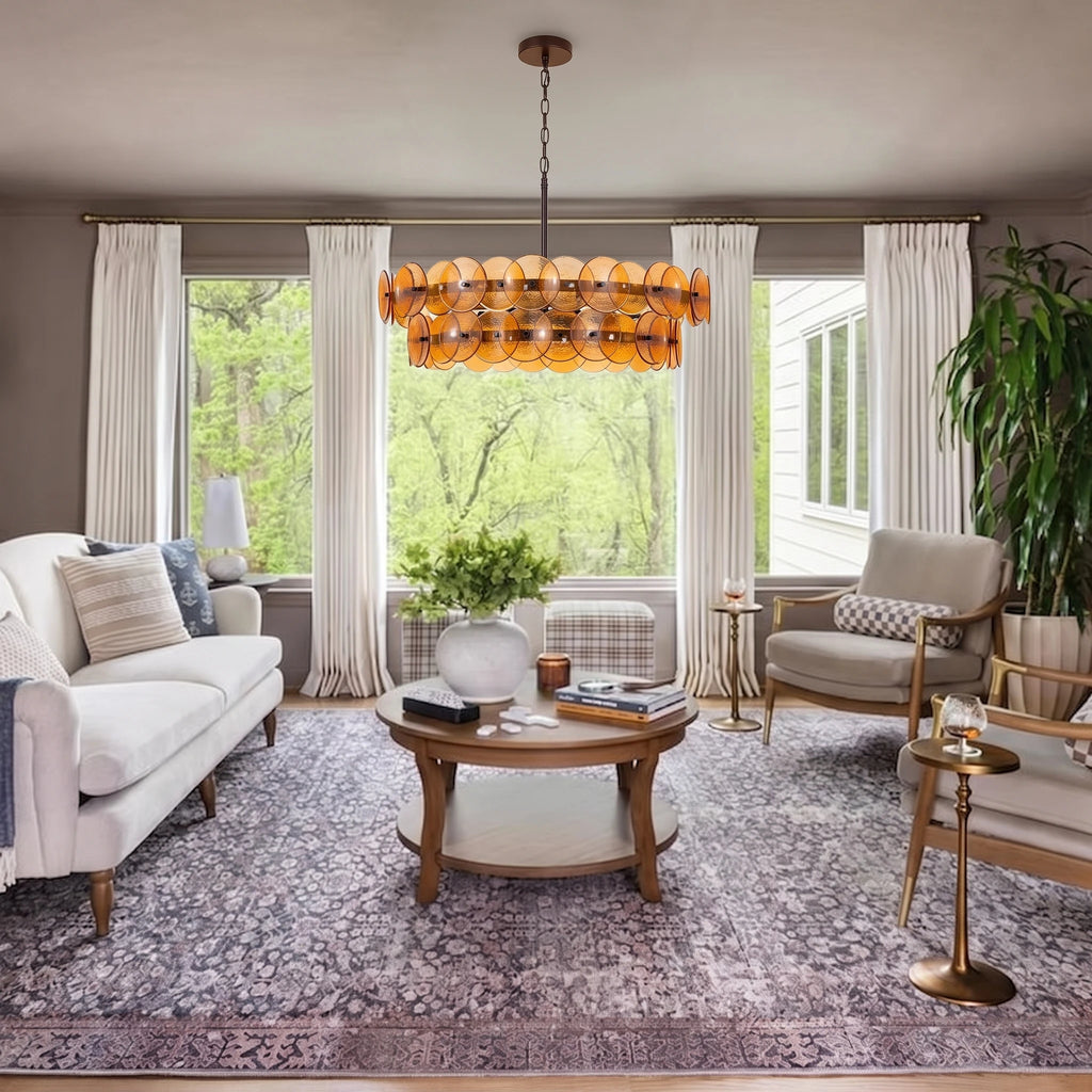Modern Amber Glass Disc Chandelier in Contemporary Living Room