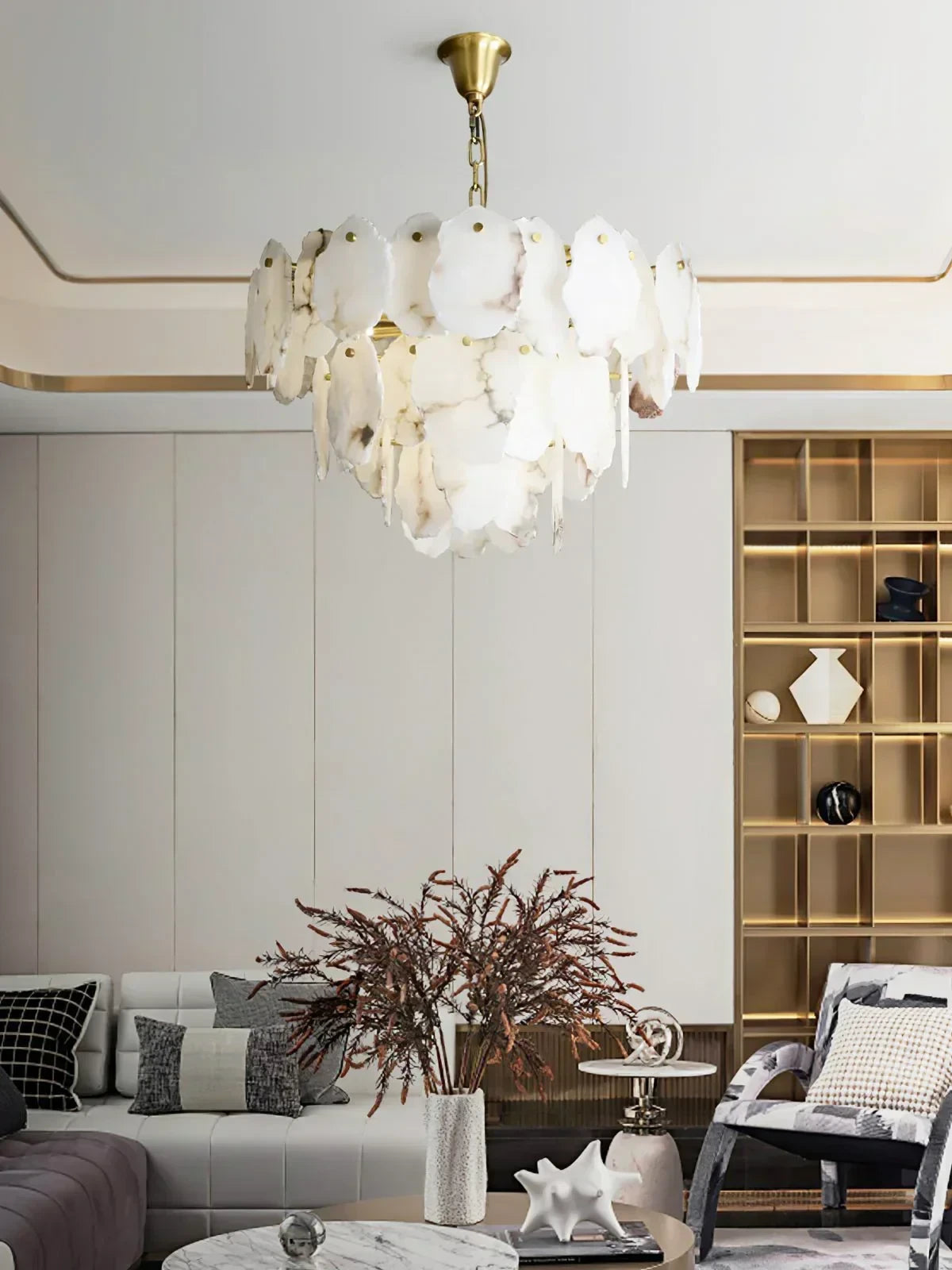Modern Alabaster Tiered Chandelier in Contemporary Living Room