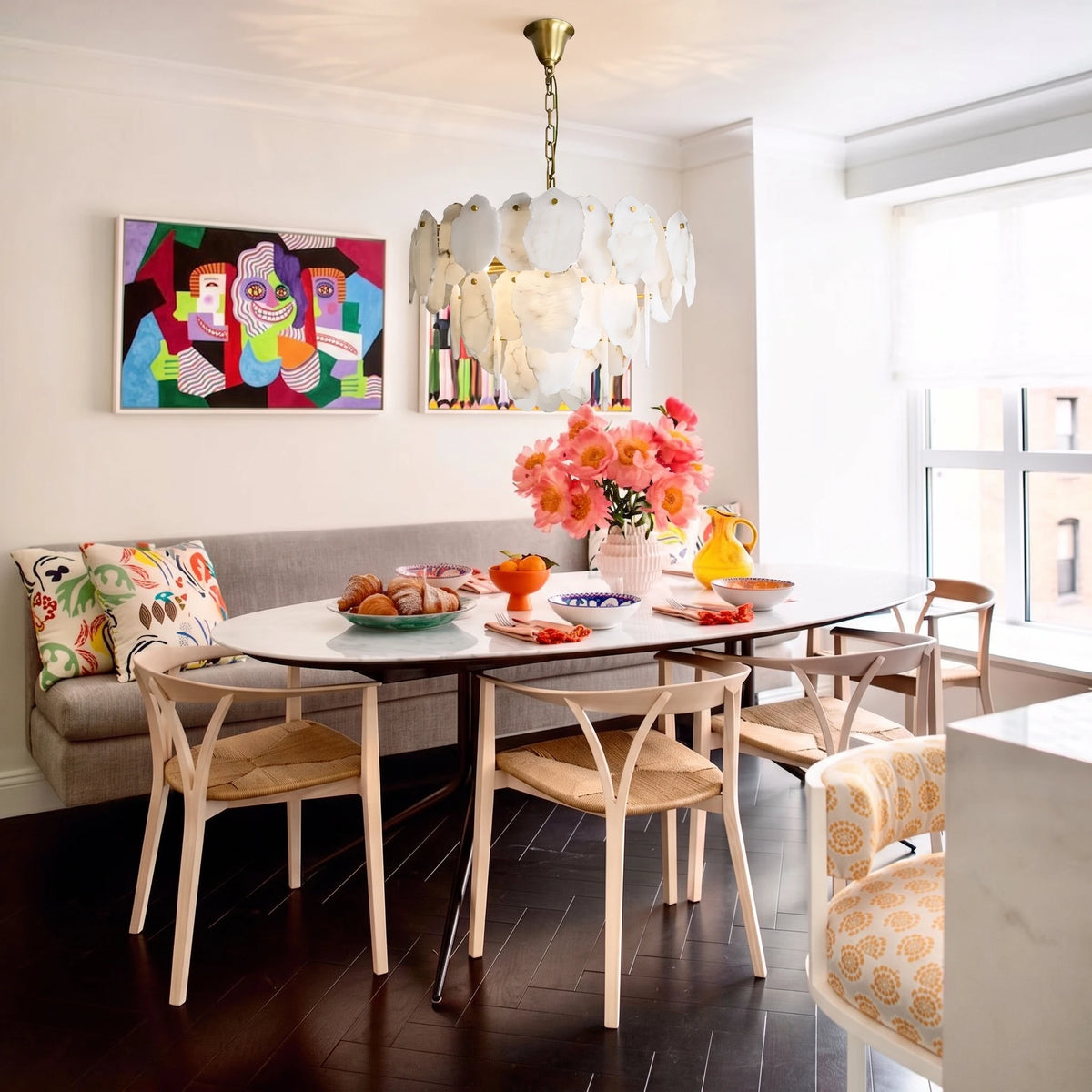 Contemporary Alabaster Petal Chandelier Over Dining Table
