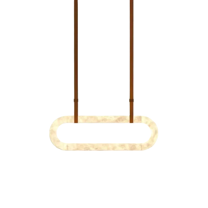 Modern Alabaster Oval Leather Strap Pendant Light with Brown Leather Suspension on Pure White Background