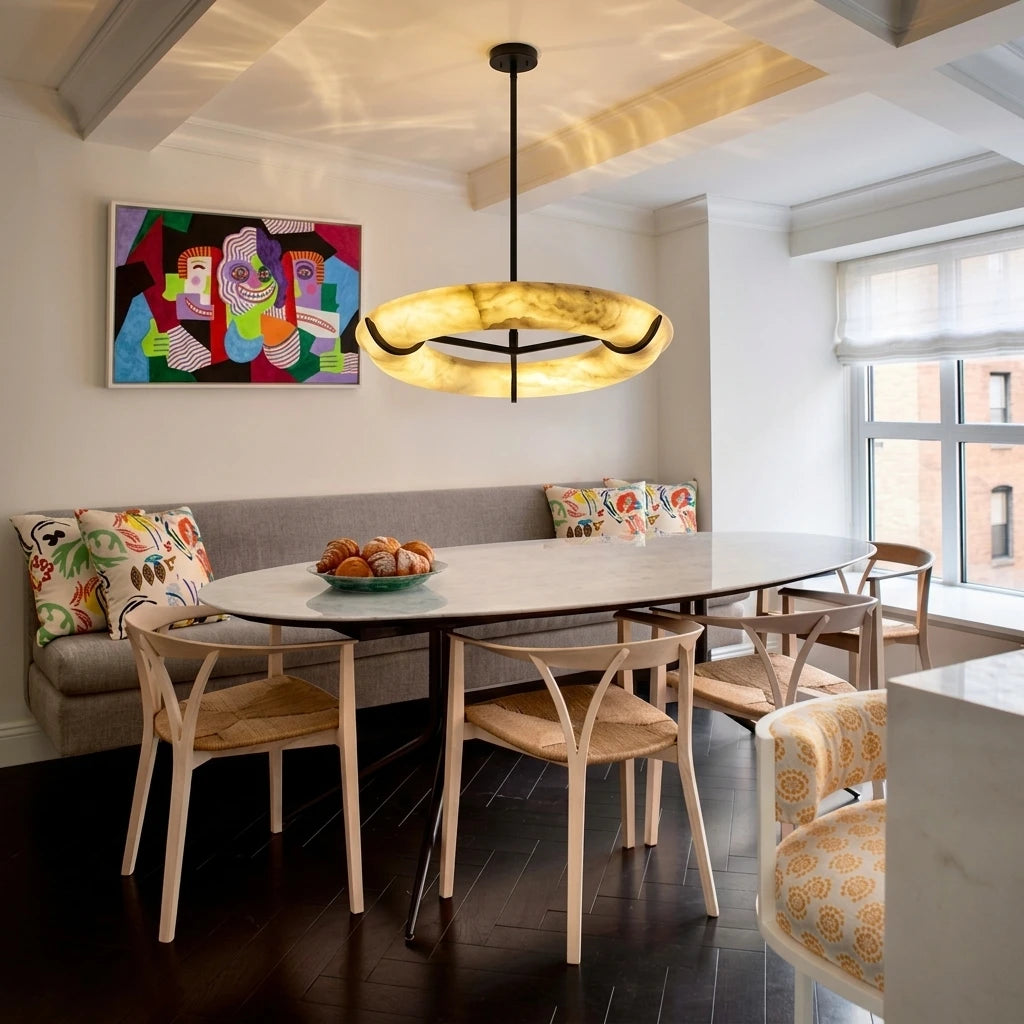 Contemporary Alabaster Ring Pendant Light Over Dining Table