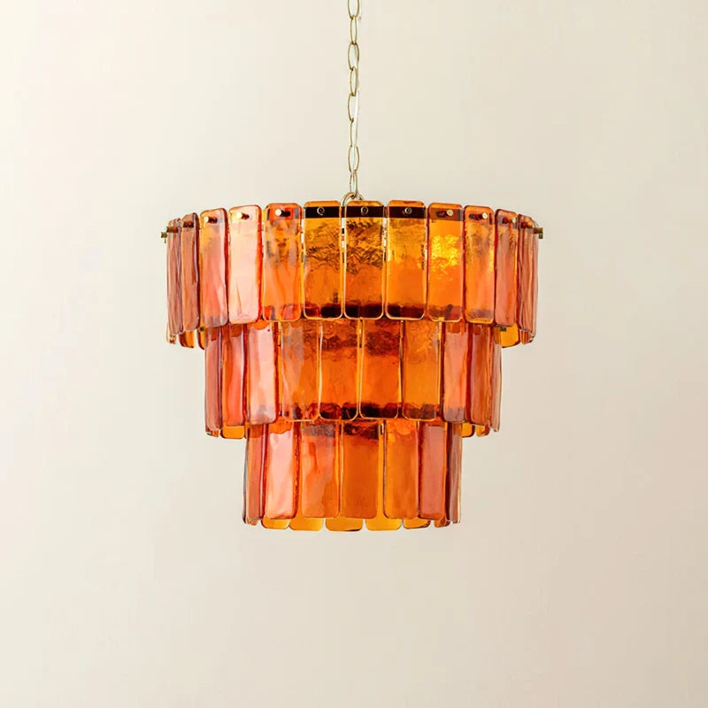 Illuminated Modern Cascading Dark Amber Art Glass Chandelier Studio Shot