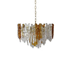 Modern Cascading Mixed Amber and Clear Art Glass Chandelier with Chain on Pure White Background