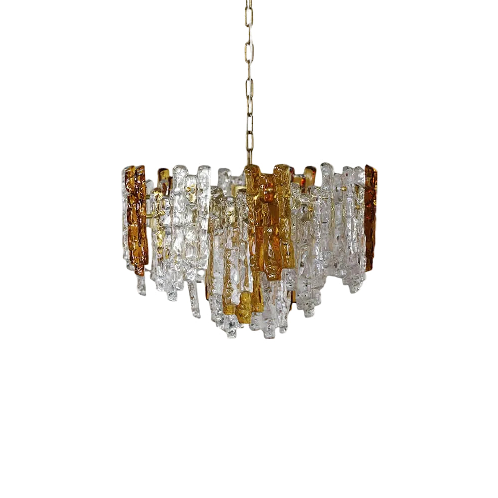 Modern Cascading Mixed Amber and Clear Art Glass Chandelier with Chain on Pure White Background