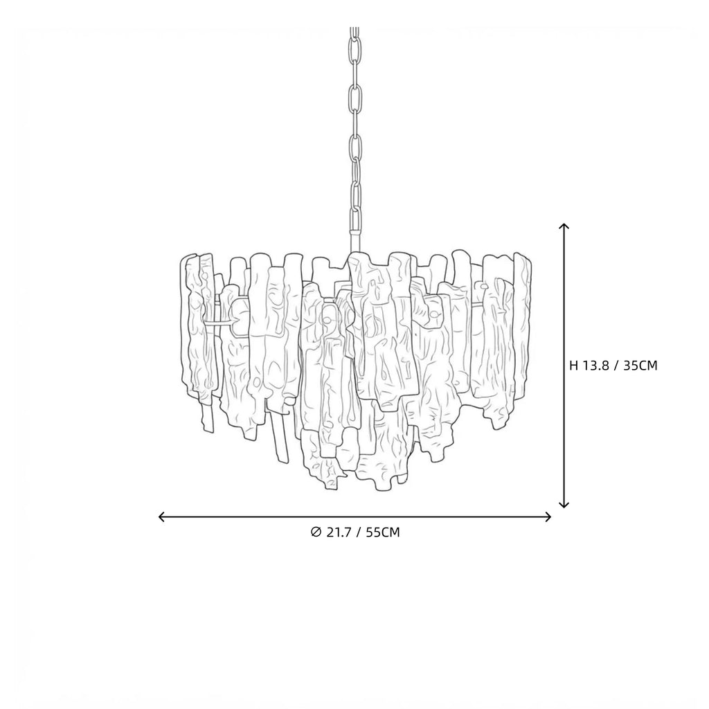 Modern Cascading Mixed Amber and Clear Art Glass Chandelier Line Art Dimension Diagram