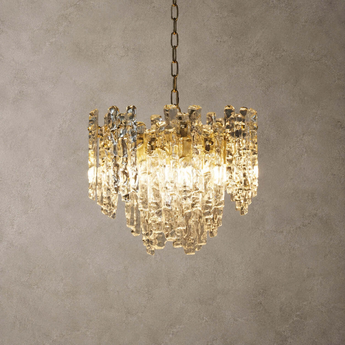 Front View of Illuminated Modern Cascading Mixed Art Glass Chandelier