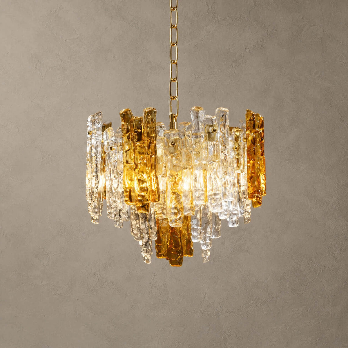 Illuminated Modern Amber Art Glass Chandelier Studio Shot