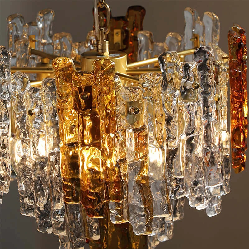 Detail View of Cascading Mixed Amber and Clear Art Glass Shades