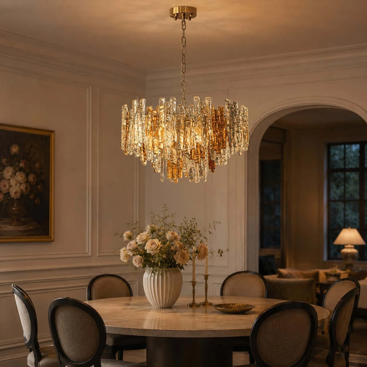 Modern Cascading Mixed Glass Chandelier Over Round Dining Table
