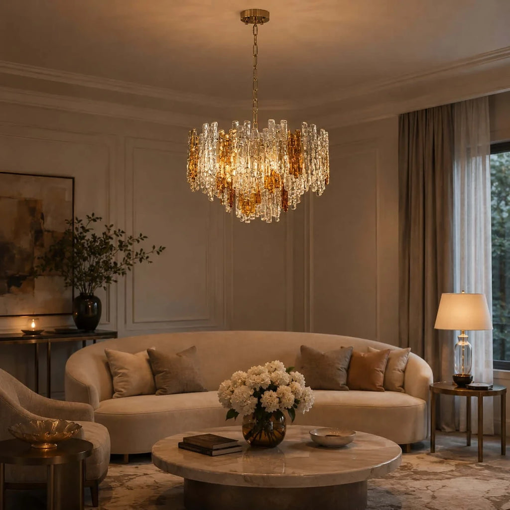 Modern Mixed Amber and Clear Art Glass Chandelier in Warm Living Room