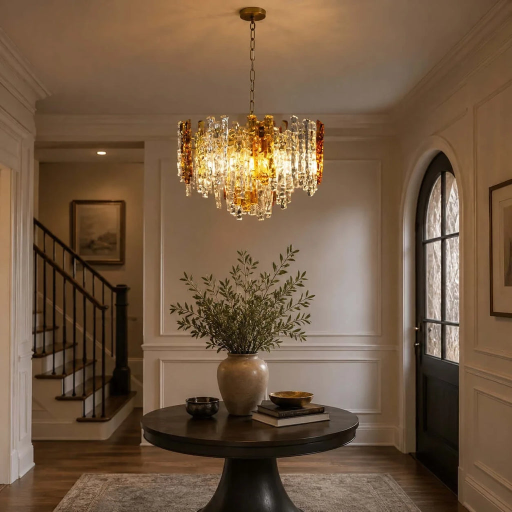 Modern Cascading Art Glass Chandelier in Double-Height Entryway