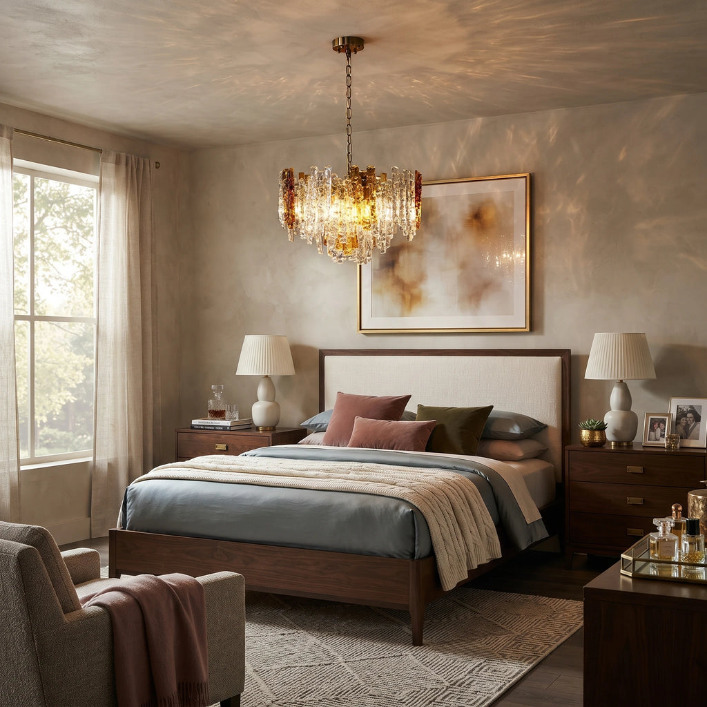 Modern Mixed Art Glass Chandelier in Master Bedroom Setting