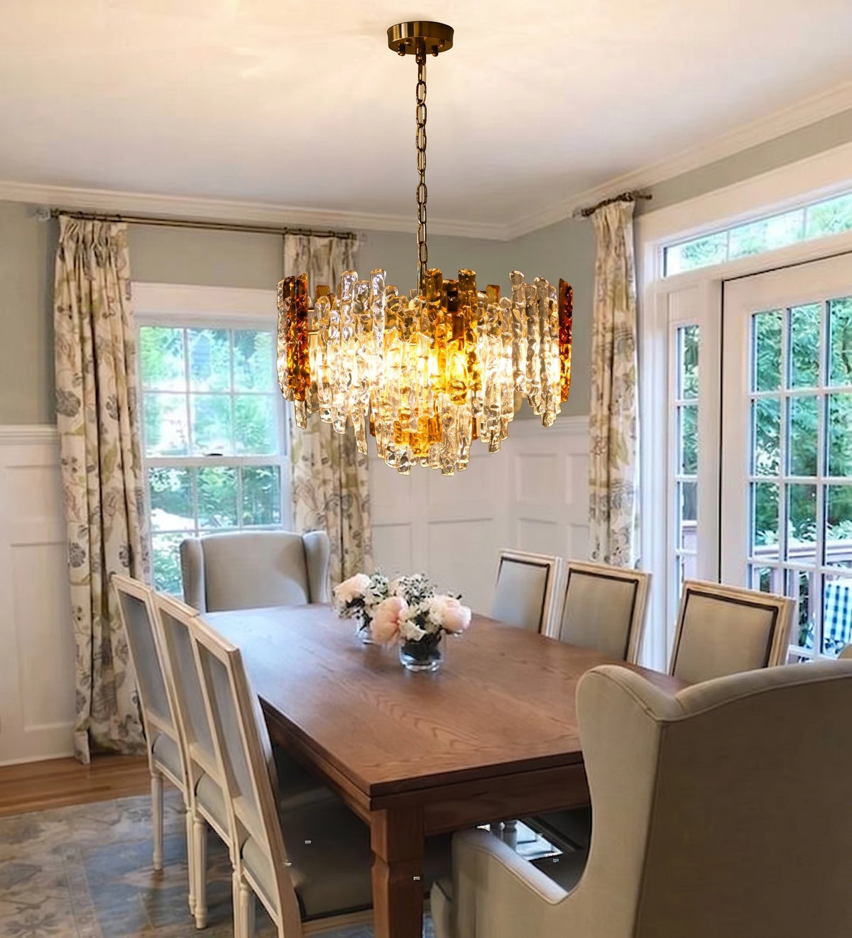 Modern Art Glass Chandelier Over Dining Room Table