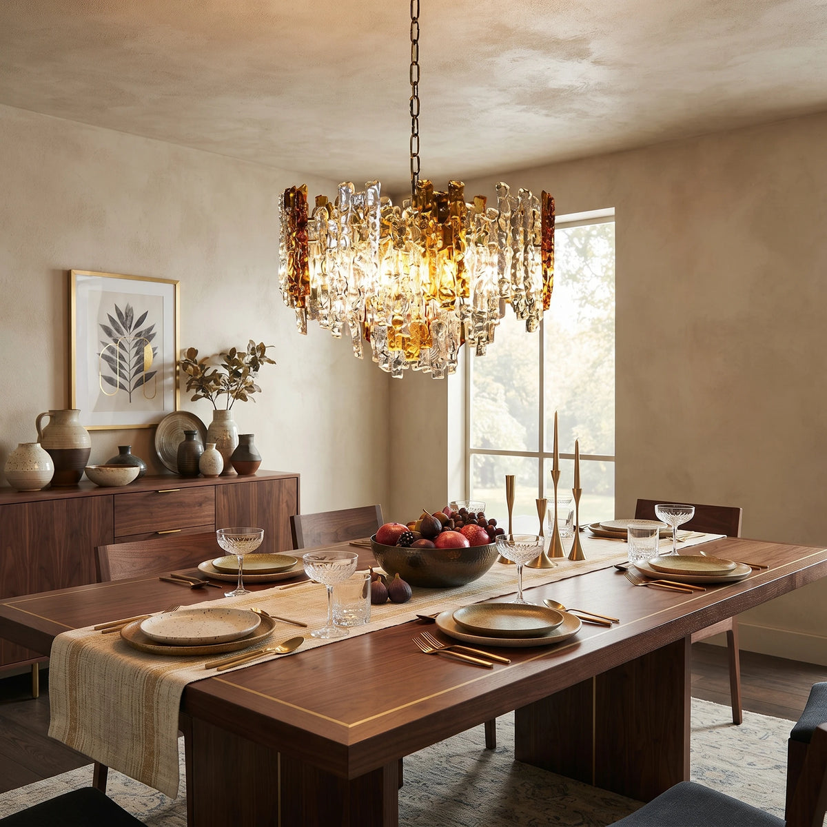 Modern Cascading Art Glass Chandelier Over Formal Dining Table