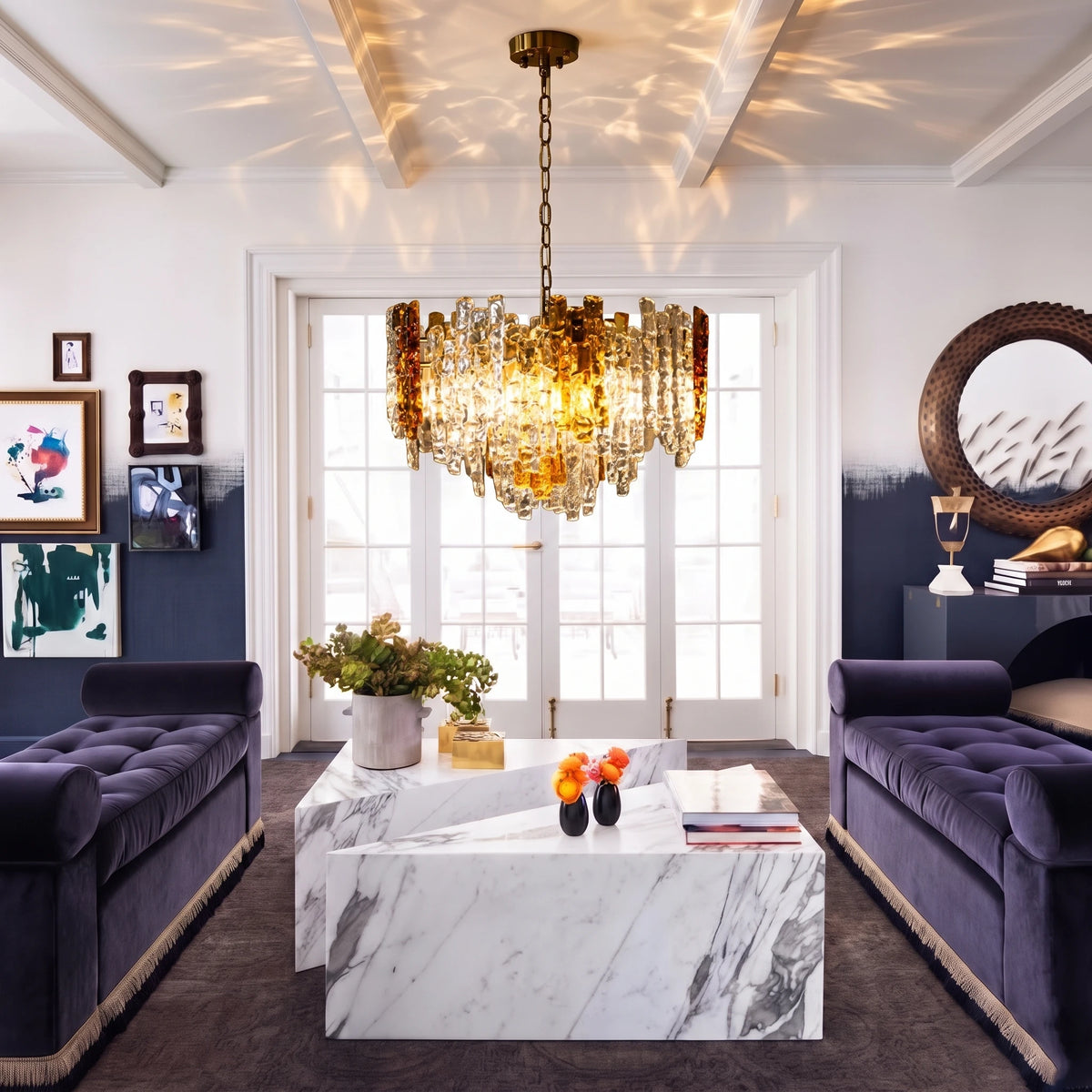 Modern Cascading Amber Art Glass Chandelier in Contemporary Living Room