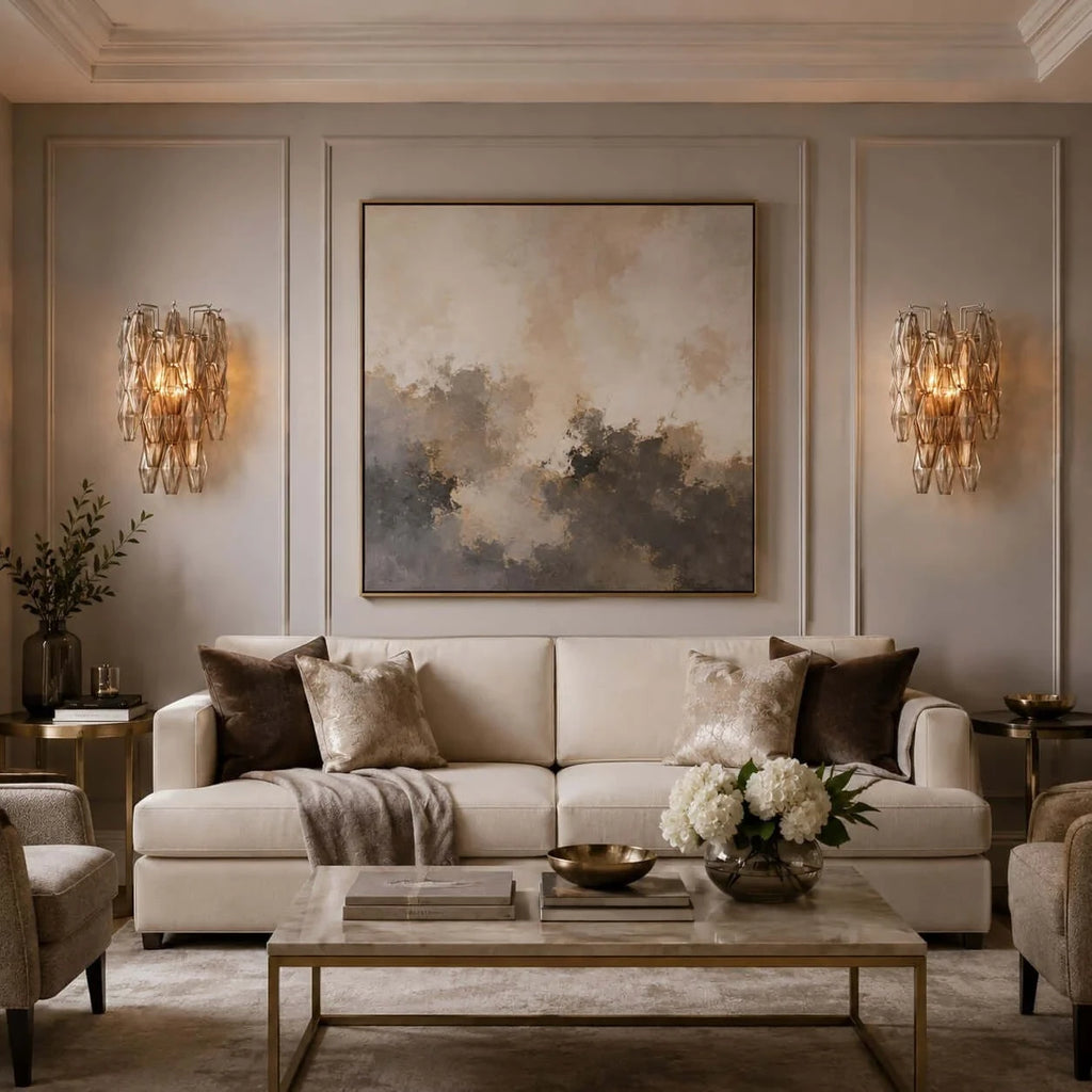 Modern Cascading Art Glass Wall Sconces in Contemporary Living Room