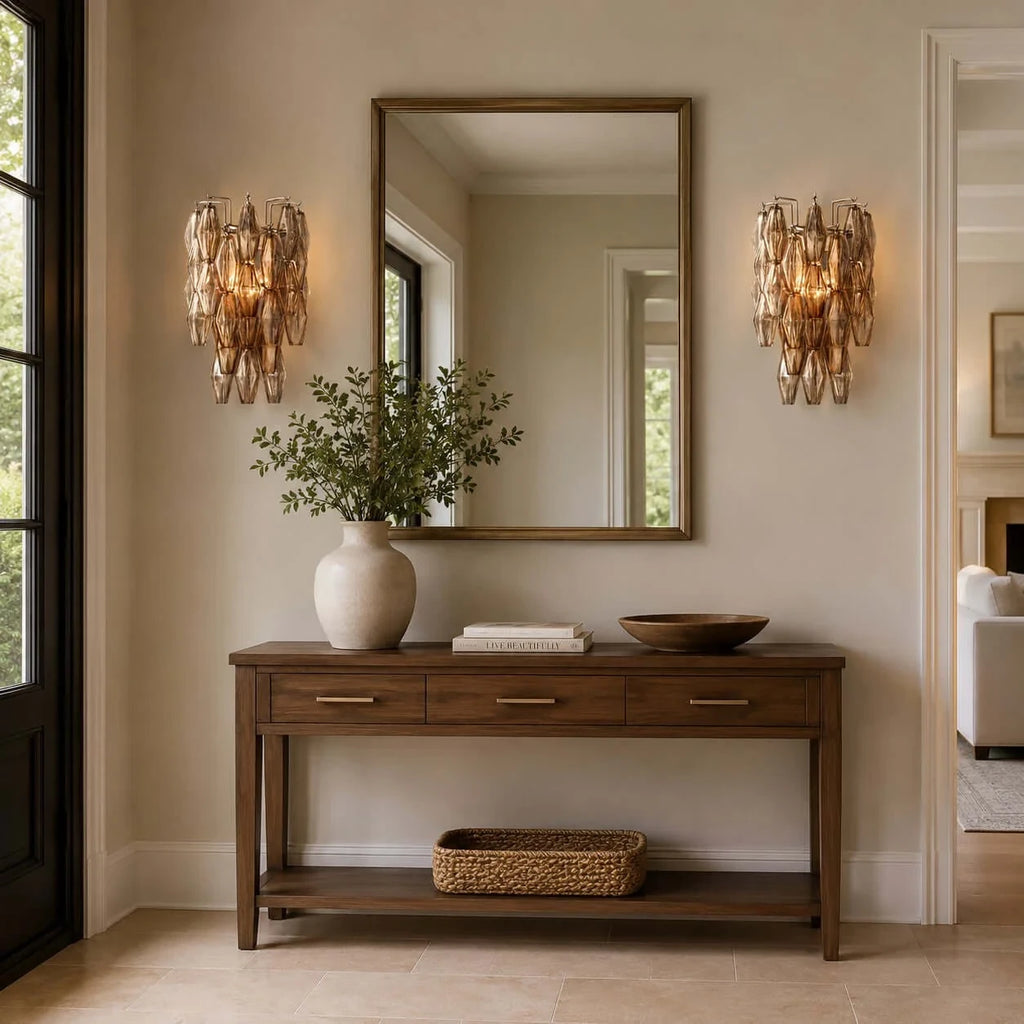 Modern Amber Art Glass Wall Sconces Over Entryway Console Table