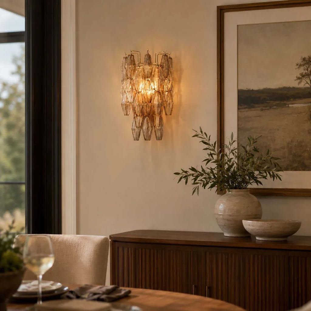 Modern Amber Art Glass Wall Sconce in Living Room Interior