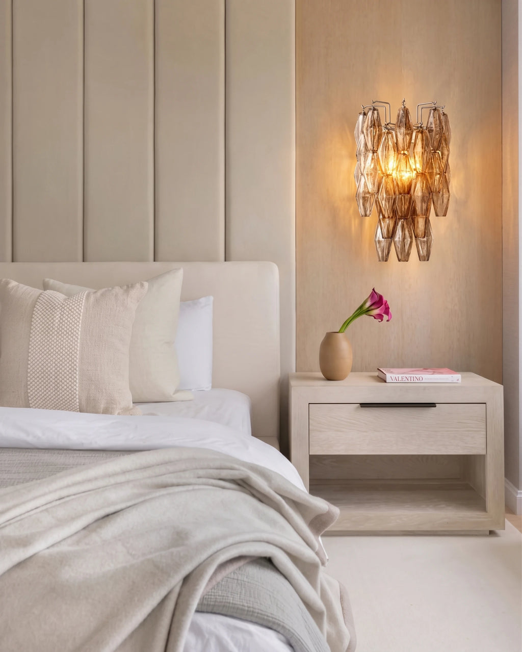 Modern Cascading Art Glass Wall Sconce in Master Bedroom Setting