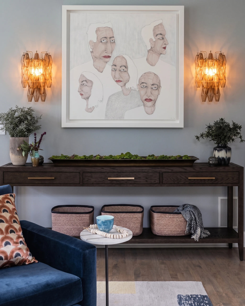 Modern Amber Art Glass Wall Sconces Over Hallway Console Table