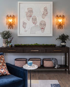 Modern Amber Art Glass Wall Sconces Over Hallway Console Table