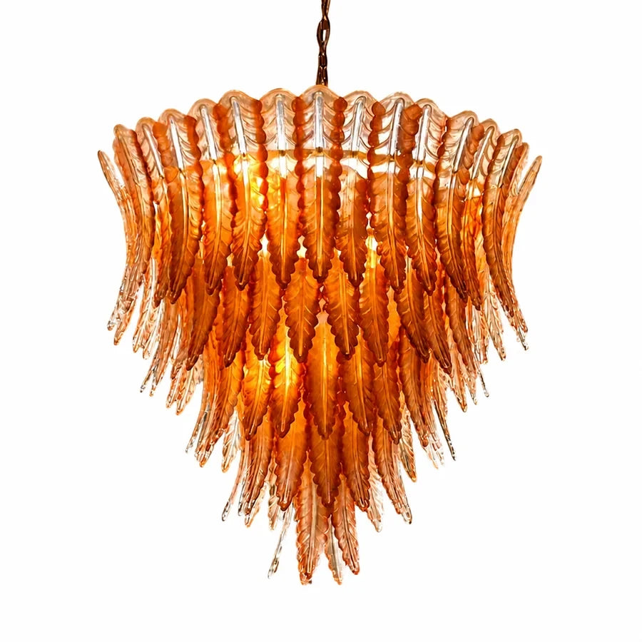 Modern Cascading Amber Gradient Feather Art Glass Chandelier with Chain on Pure White Background