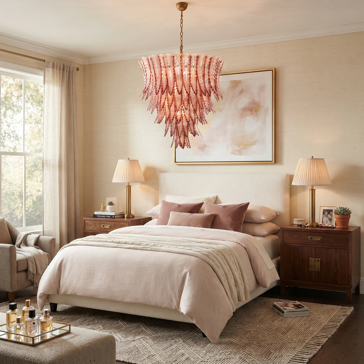 Modern Amber Gradient Feather Art Glass Chandelier in Master Bedroom Setting