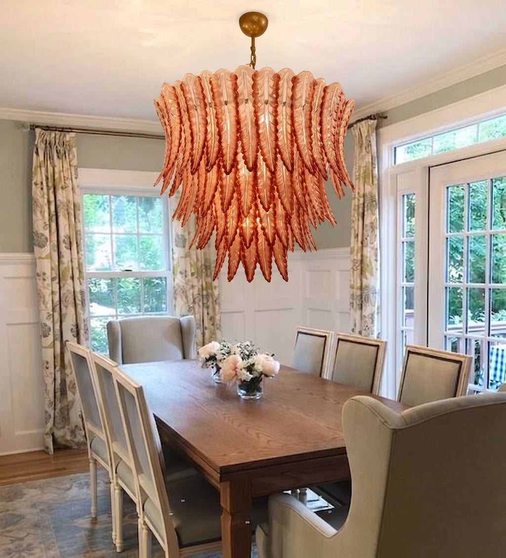 Modern Cascading Art Glass Chandelier Over Dining Room Table