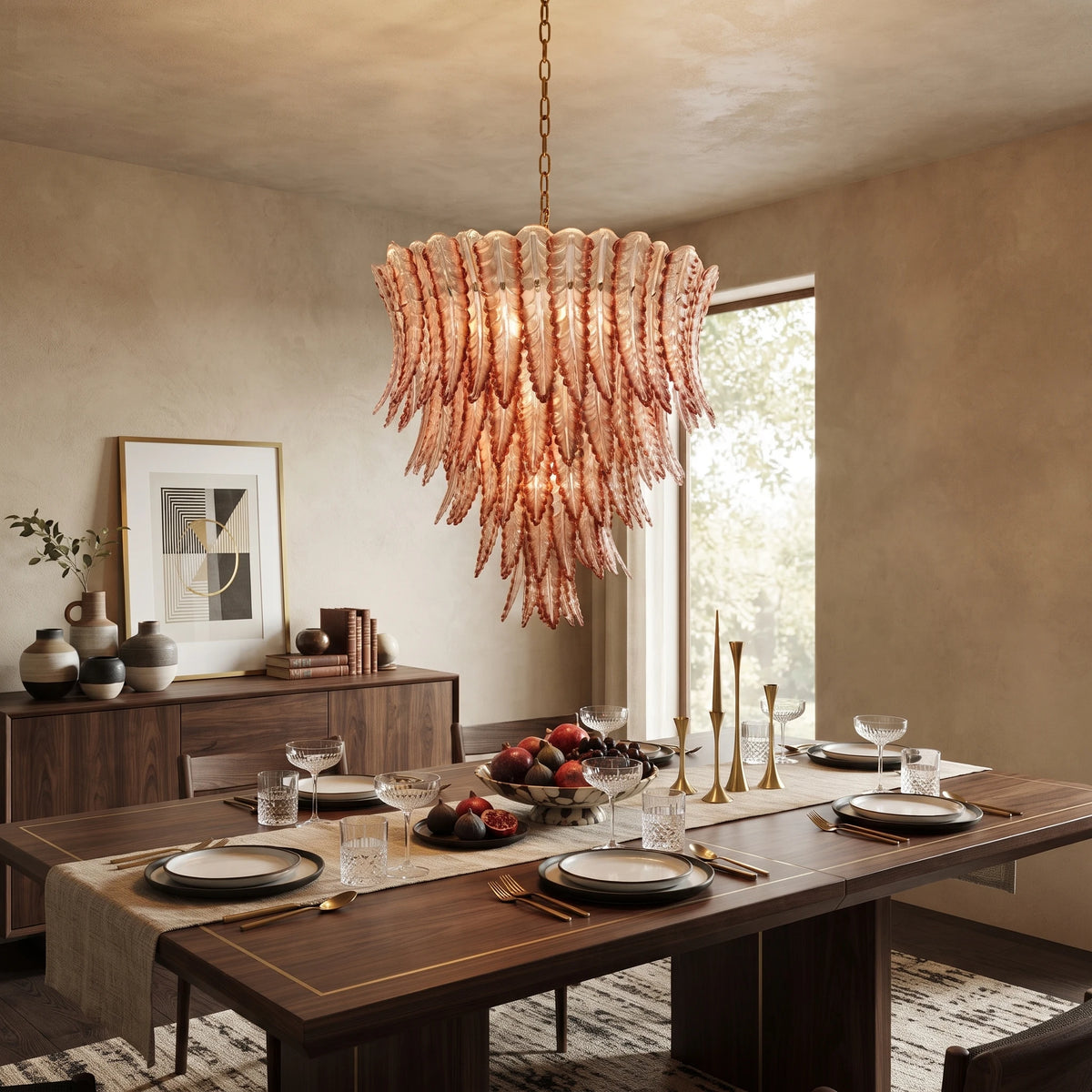 Modern Amber Gradient Art Glass Chandelier Over Wooden Dining Table